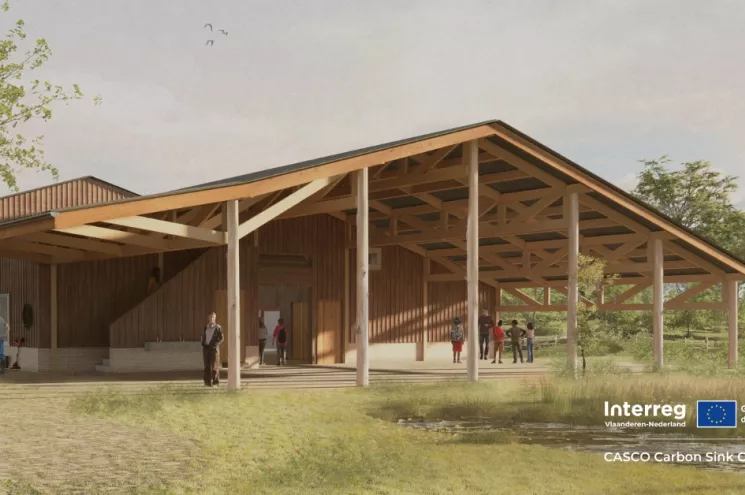Zicht op een loods opgebouwd in bio ecologische materialen