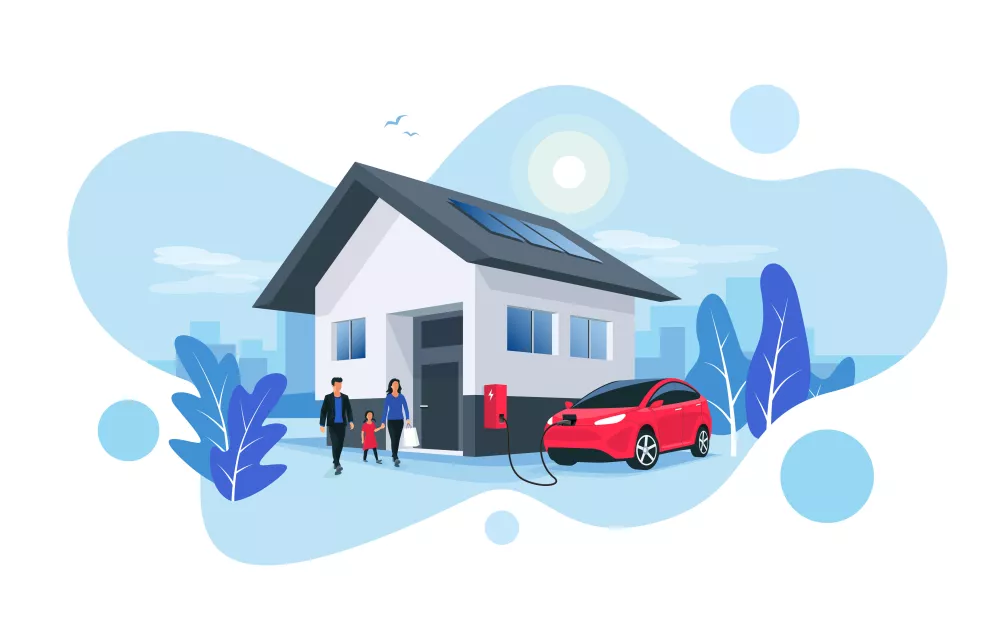 tekening van een huis waarop een elektrische wagen, gezin en zonnepanelen staan afgebeeld