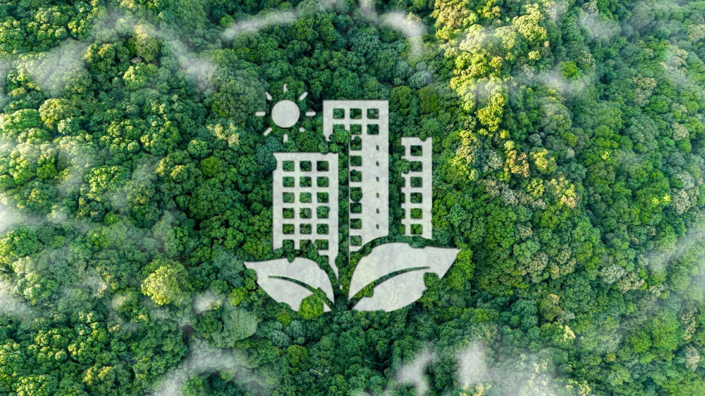 Een beboste achtergrond met daarop een logo dat duurzame hoogbouw weergeeft