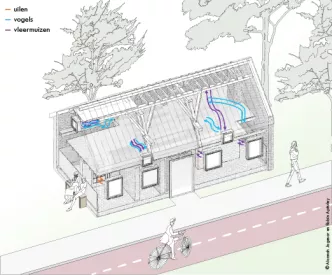 Tekening met hierop enkele voorbeelden van natuurinclusieve bouwoplossingen