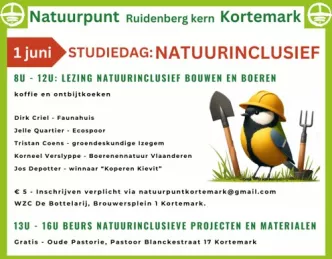 Tekst met een overzicht van alle sprekers en activiteiten tijdens de studiedag natuurinclusief op 1 juni